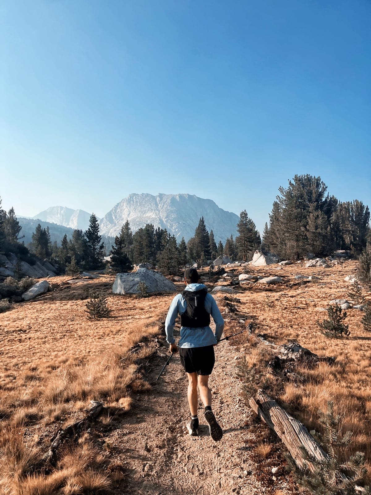 A runner crosses a high golden meadow on a thin trail, a granite face standing over the treeline